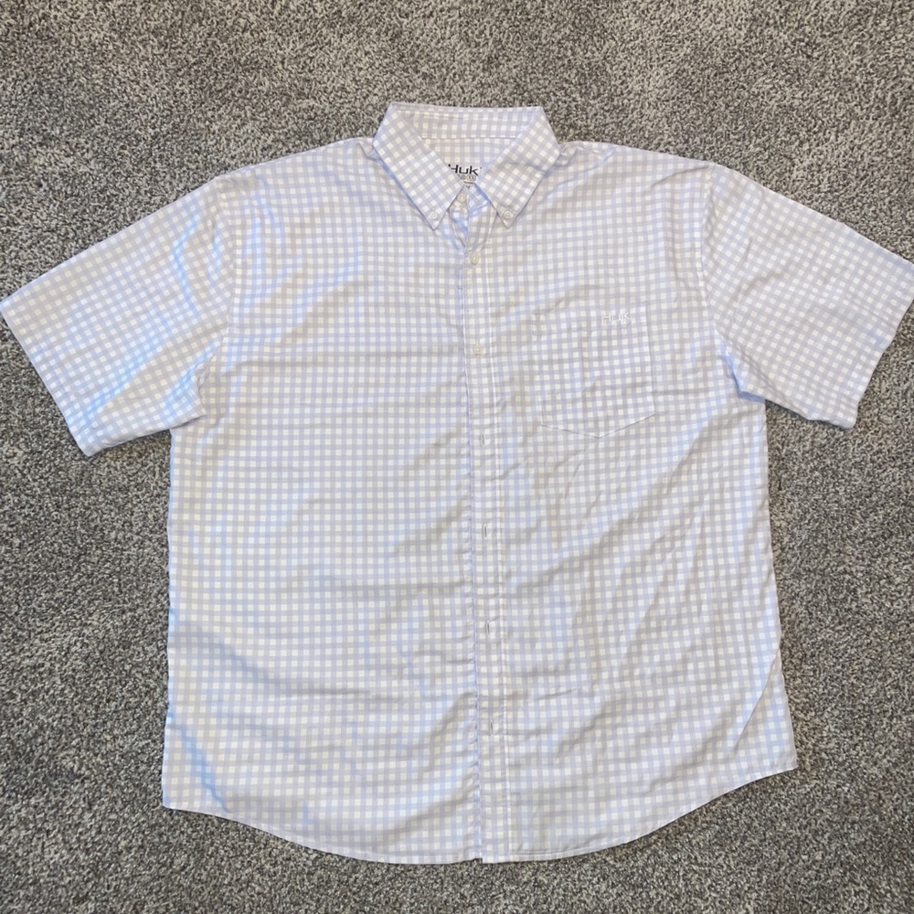 2XL White and Grey Plaid Huk Button Down Short Sleeve